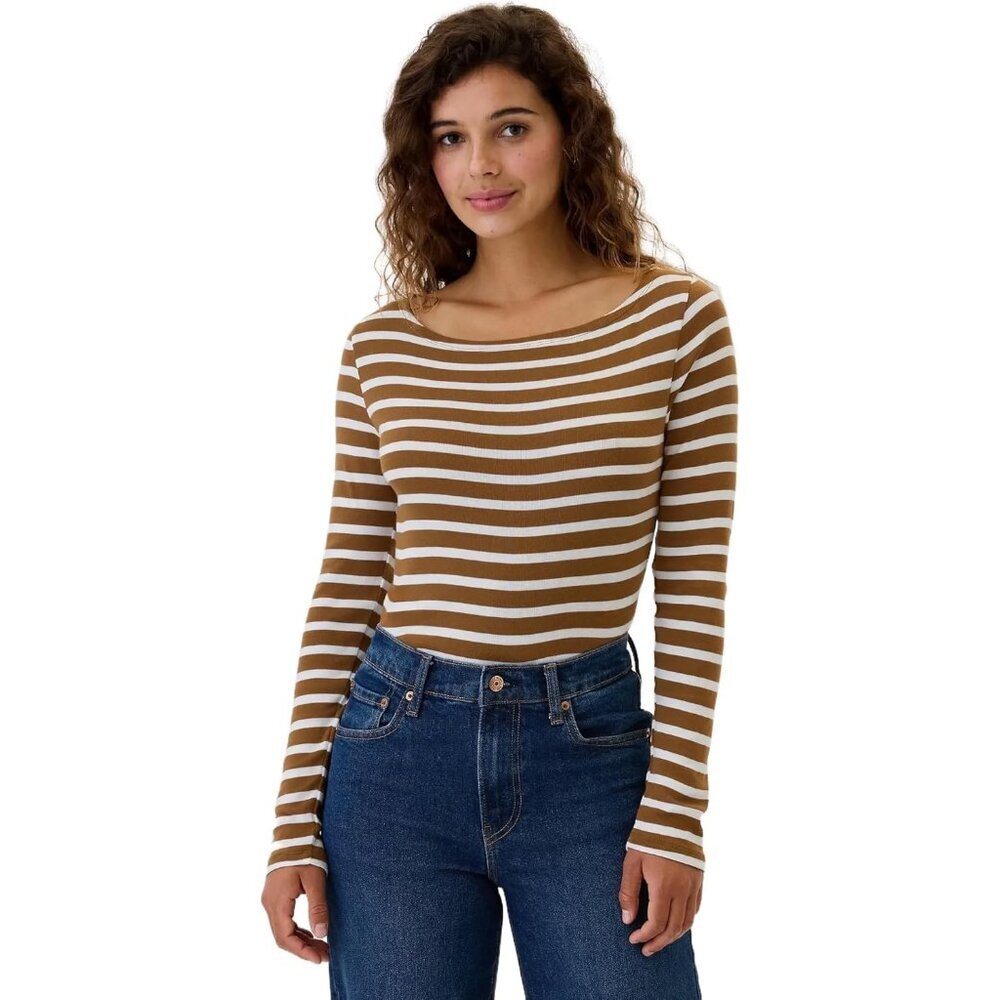 Women's Long Sleeve Boatneck Top Cotton Blend Striped Medium Casual Wear